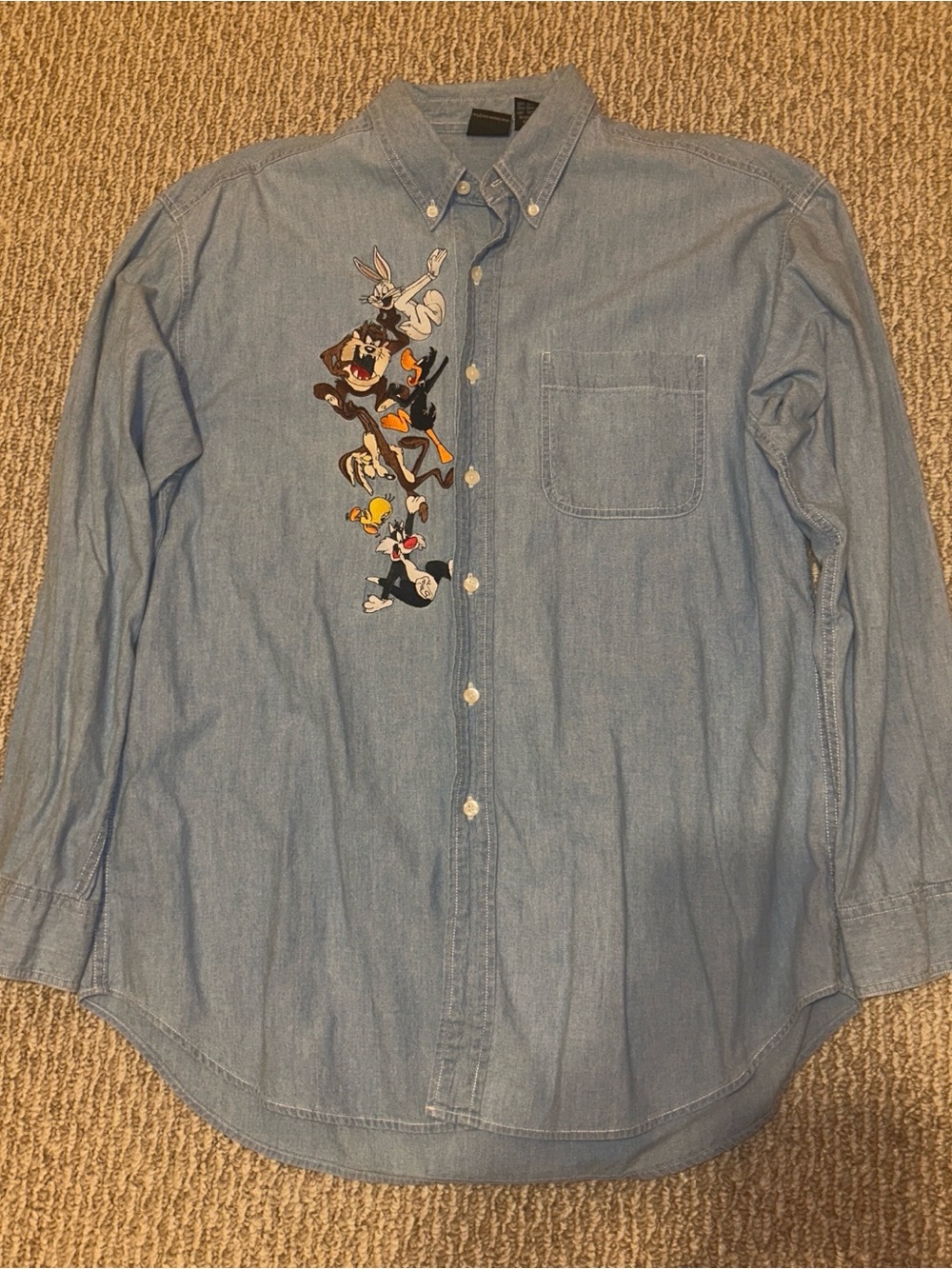Light Blue LARGE Button-Up Shirt with Looney Tunes Embroidery
